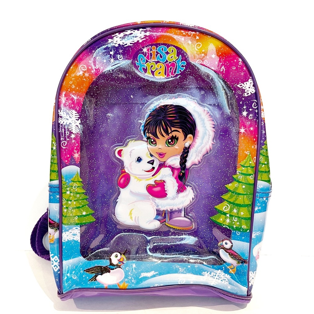 Lisa Frank Sparkly Rainbow Mini Backpack Clear Front Girl Polar Bear Puffin Cute